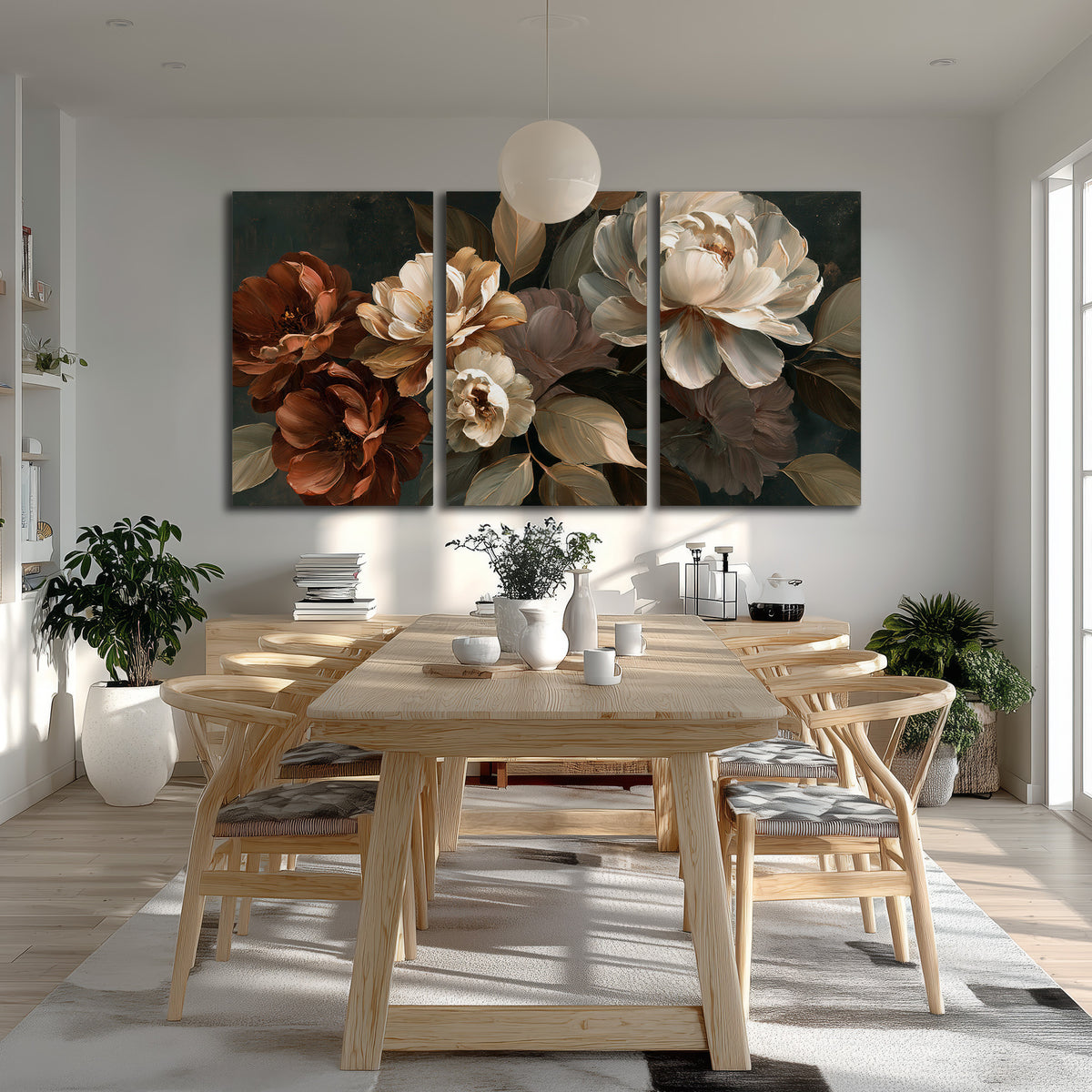 Large ivory roses and warm rust blooms against a deep shadowed background 3 piece canvas wall art room and product view