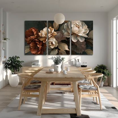 Large ivory roses and warm rust blooms against a deep shadowed background 3 piece canvas wall art room and product view