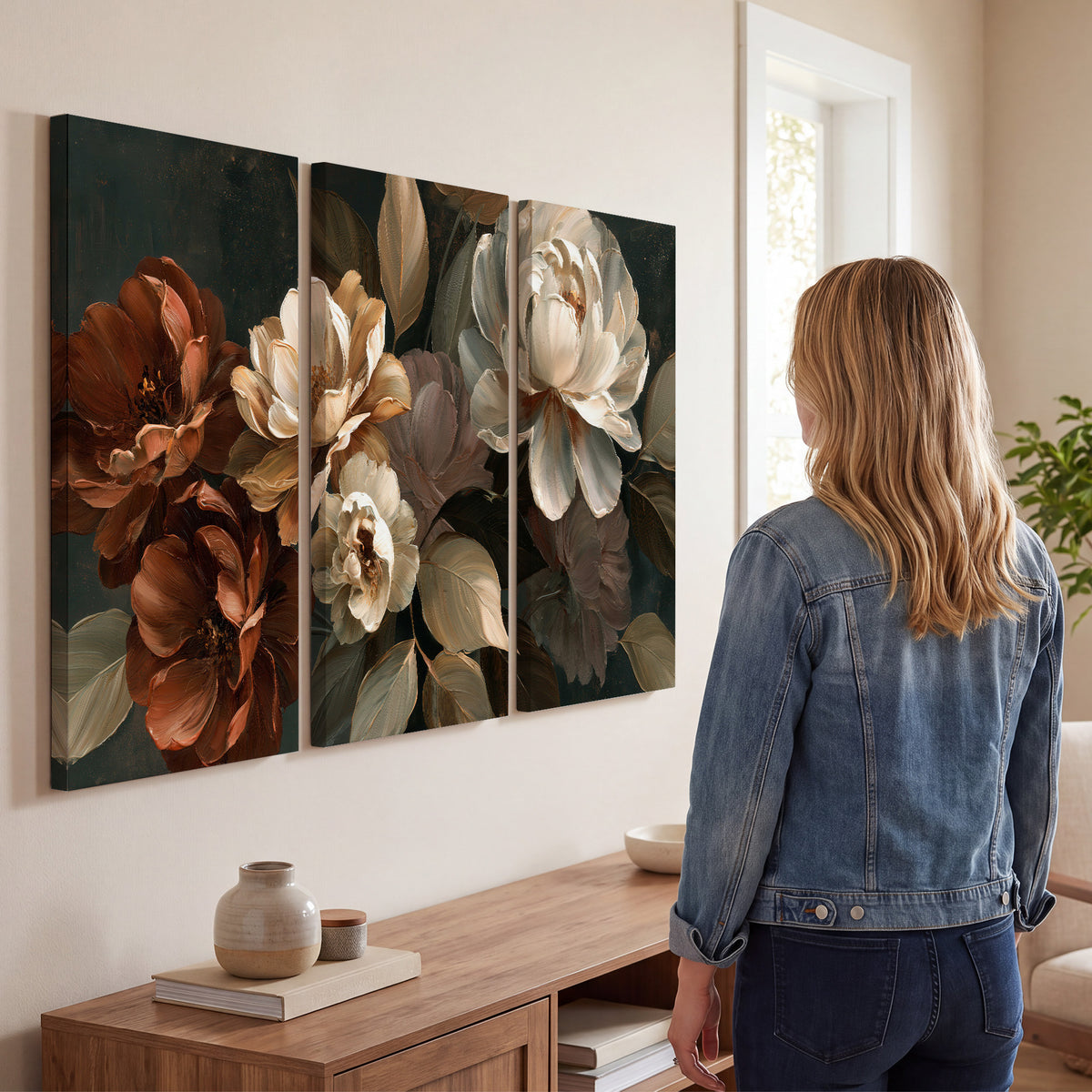 Large ivory roses and warm rust blooms against a deep shadowed background 3 piece canvas wall art three panel arrangement on a wall