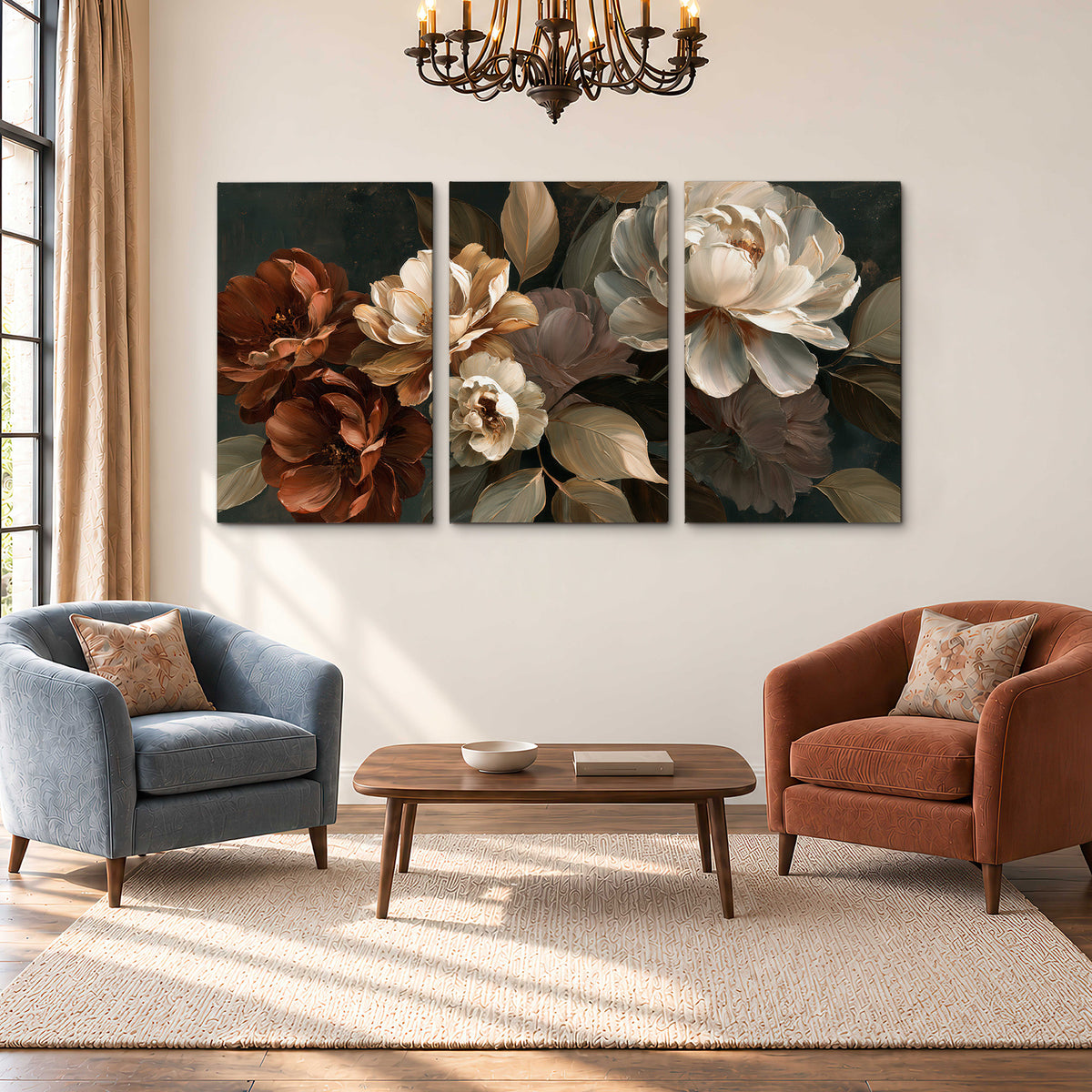 Large ivory roses and warm rust blooms against a deep shadowed background 3 piece canvas wall art styled in an interior