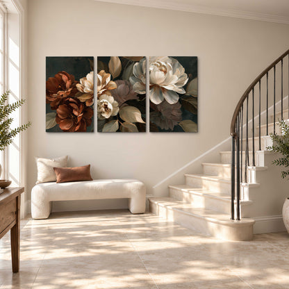 Large ivory roses and warm rust blooms against a deep shadowed background 3 piece canvas wall art styled in an interior