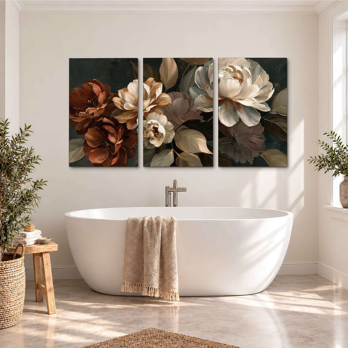 Large ivory roses and warm rust blooms against a deep shadowed background 3 piece canvas wall art styled in an interior