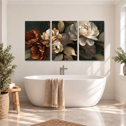 Large ivory roses and warm rust blooms against a deep shadowed background 3 piece canvas wall art styled in an interior