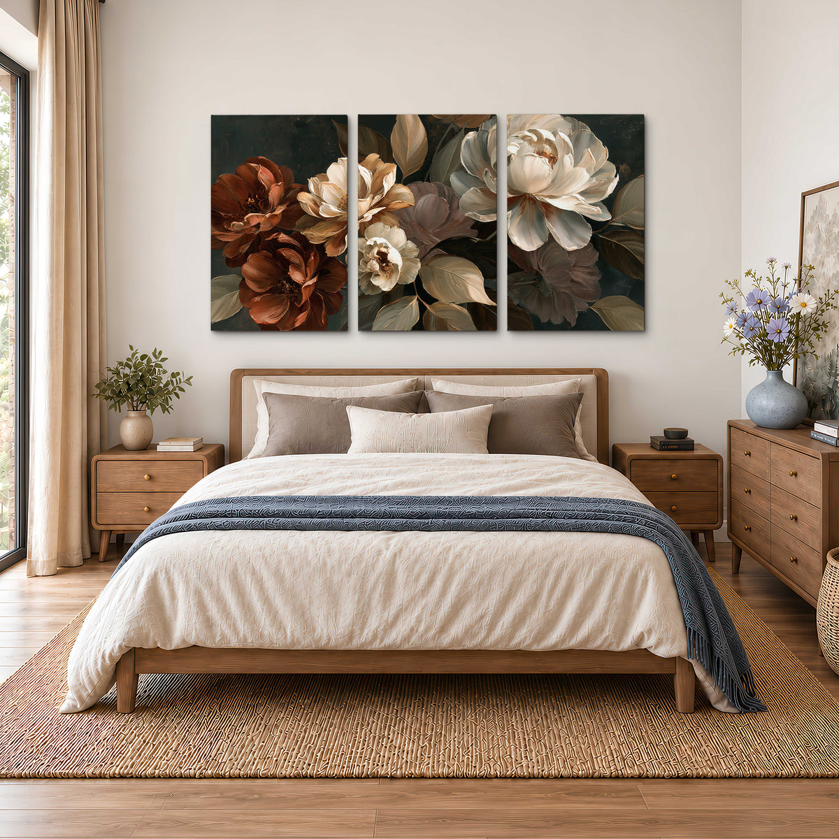 Large ivory roses and warm rust blooms against a deep shadowed background 3 piece canvas wall art styled in an interior