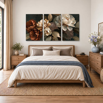 Large ivory roses and warm rust blooms against a deep shadowed background 3 piece canvas wall art styled in an interior