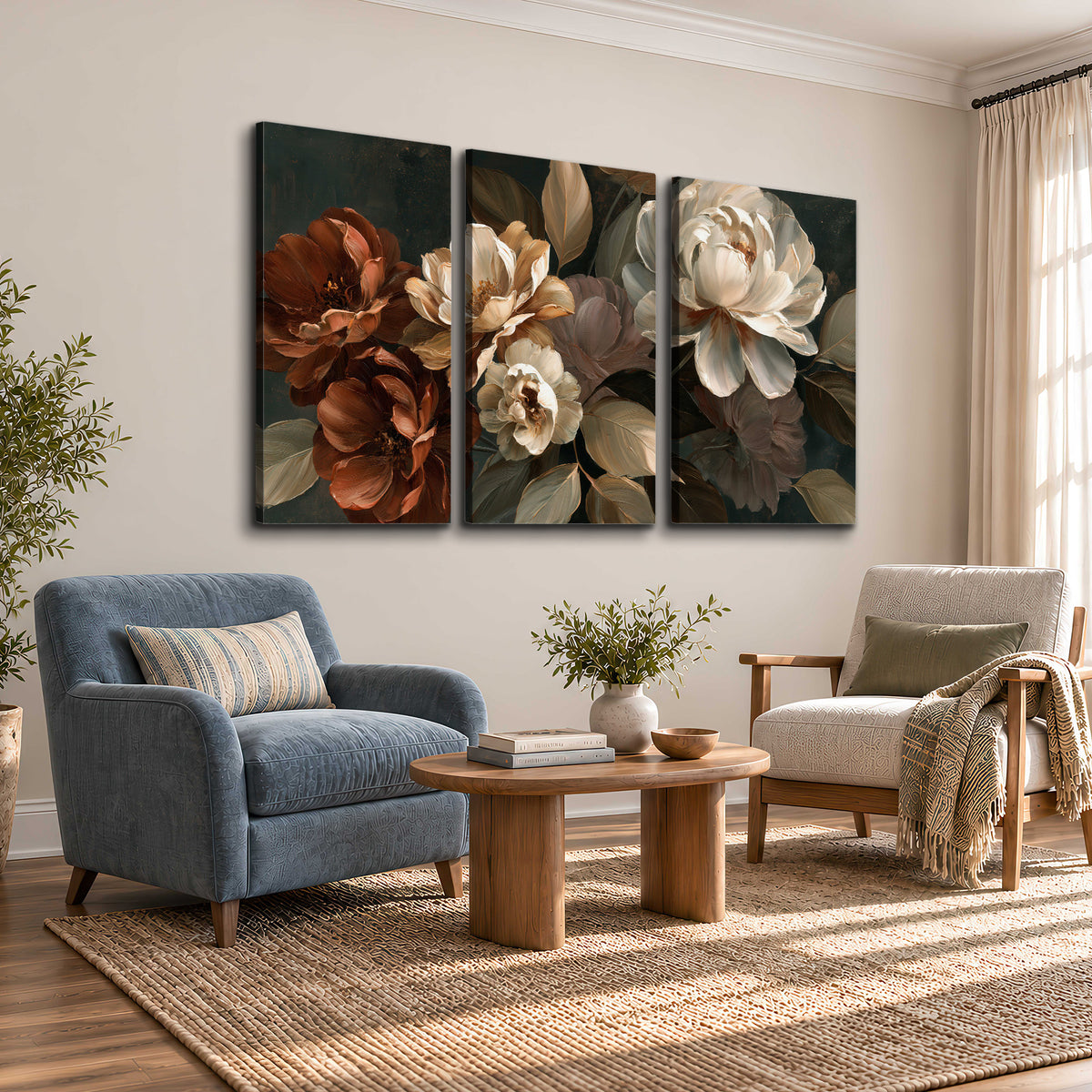 Large ivory roses and warm rust blooms against a deep shadowed background 3 piece canvas wall art styled in an interior