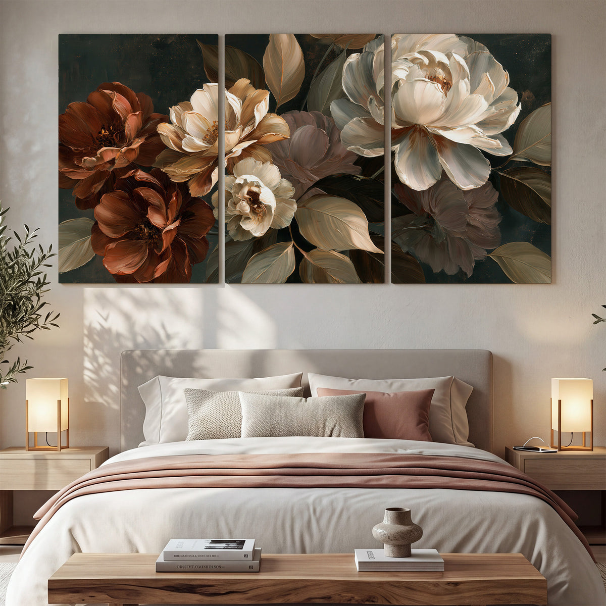 Large ivory roses and warm rust blooms against a deep shadowed background 3 piece canvas wall art displayed in a bedroom