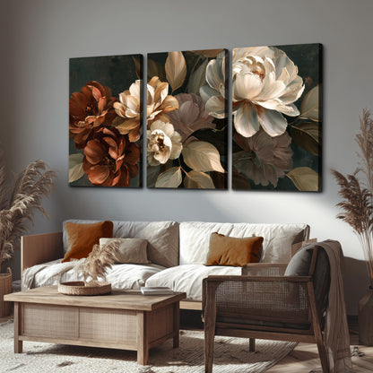 Large ivory roses and warm rust blooms against a deep shadowed background 3 piece canvas wall art displayed in a rustic living room