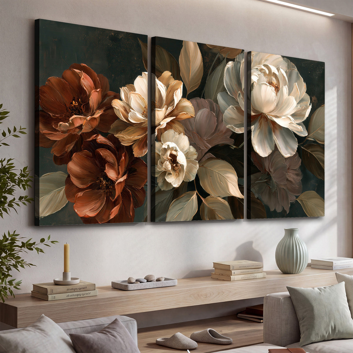 Large ivory roses and warm rust blooms against a deep shadowed background 3 piece canvas wall art displayed in a console