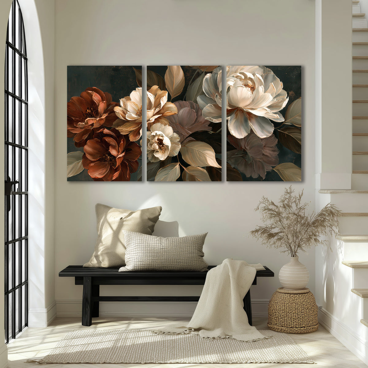 Large ivory roses and warm rust blooms against a deep shadowed background 3 piece canvas wall art displayed in a entryway