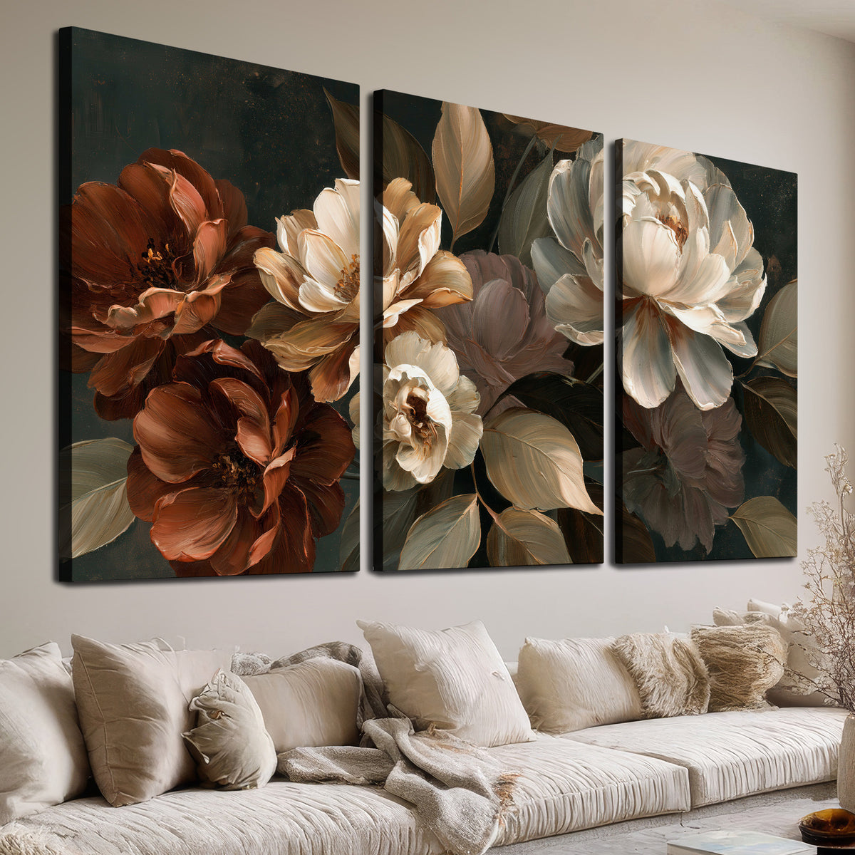 Large ivory roses and warm rust blooms against a deep shadowed background 3 piece canvas wall art room and product view