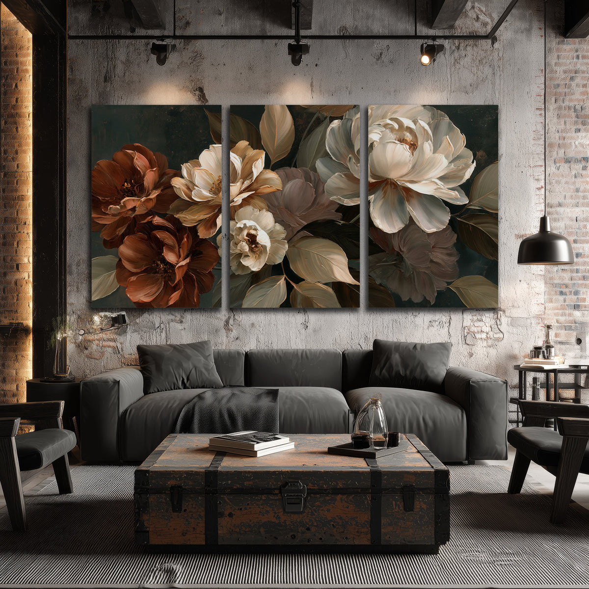Large ivory roses and warm rust blooms against a deep shadowed background 3 piece canvas wall art displayed in a industrial room