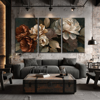 Large ivory roses and warm rust blooms against a deep shadowed background 3 piece canvas wall art displayed in a industrial room