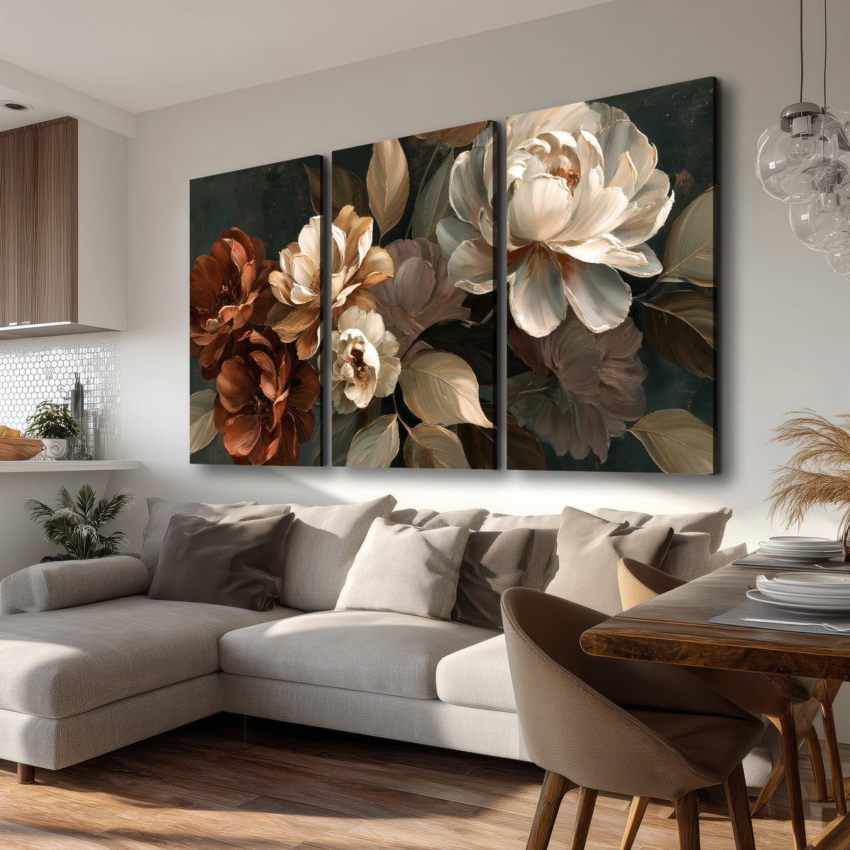 Large ivory roses and warm rust blooms against a deep shadowed background 3 piece canvas wall art room and product view
