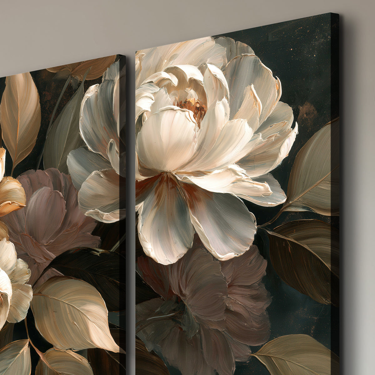 Large ivory roses and warm rust blooms against a deep shadowed background 3 piece canvas wall art room and product view