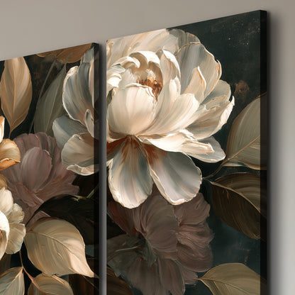 Large ivory roses and warm rust blooms against a deep shadowed background 3 piece canvas wall art room and product view