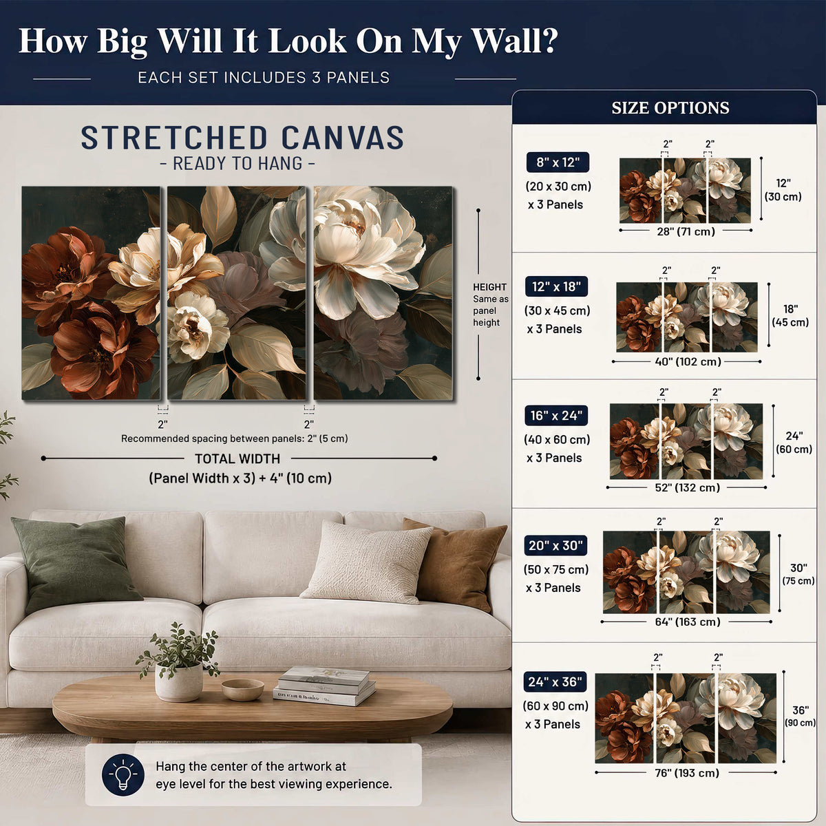 Large ivory roses and warm rust blooms against a deep shadowed background 3 piece canvas wall art size guide above a sofa; room view is illustrative