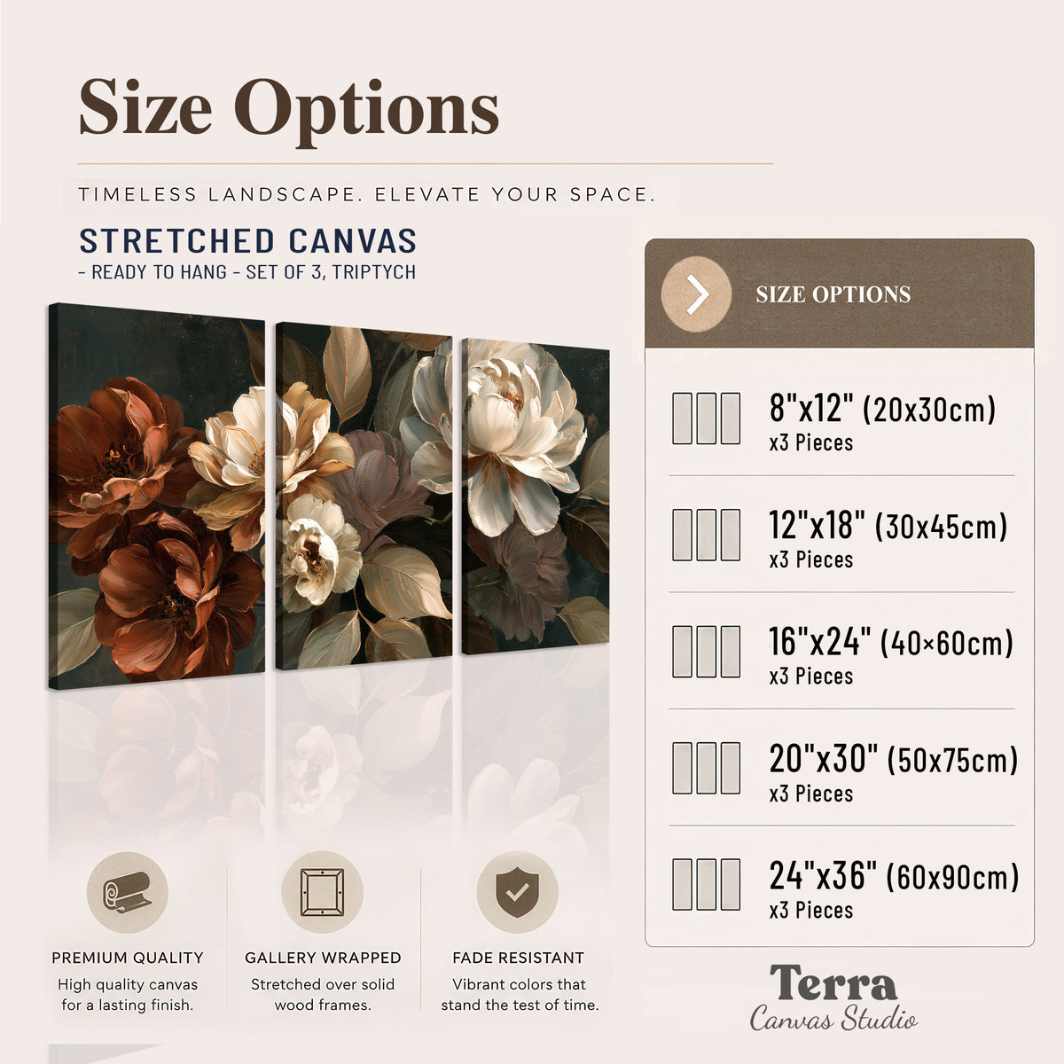 Large ivory roses and warm rust blooms against a deep shadowed background 3 piece canvas wall art available dimensions; triptych dimensions are per panel