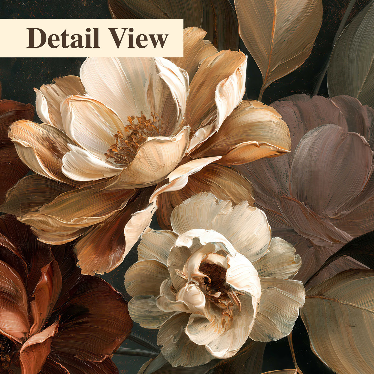 Large ivory roses and warm rust blooms against a deep shadowed background 3 piece canvas wall art artwork detail close up