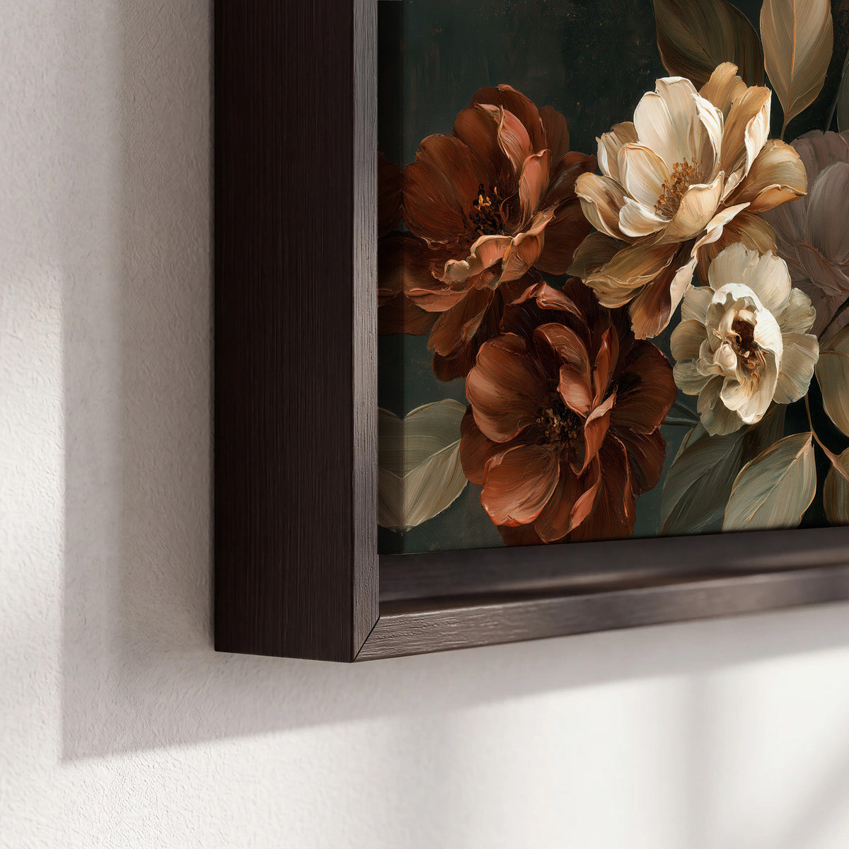 Large ivory roses and warm rust blooms against a deep shadowed background 3 piece framed canvas wall art material and edge close up