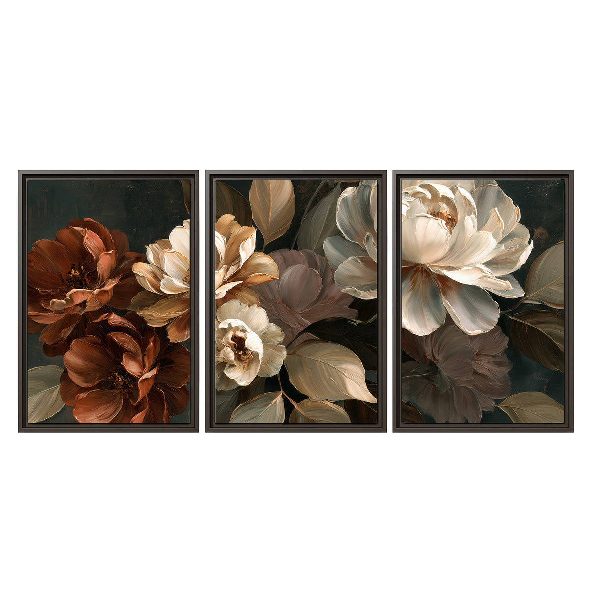 Large ivory roses and warm rust blooms against a deep shadowed background 3 piece framed canvas wall art viewed straight on