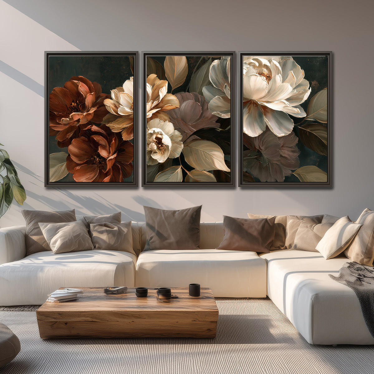 Large ivory roses and warm rust blooms against a deep shadowed background 3 piece framed canvas wall art displayed in a living room