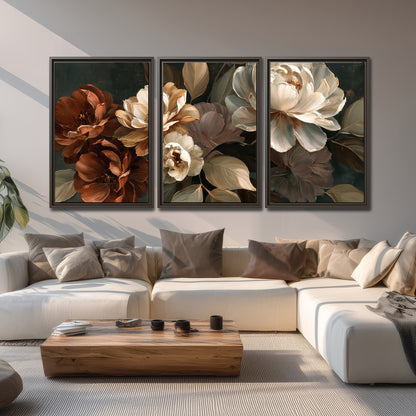Large ivory roses and warm rust blooms against a deep shadowed background 3 piece framed canvas wall art displayed in a living room
