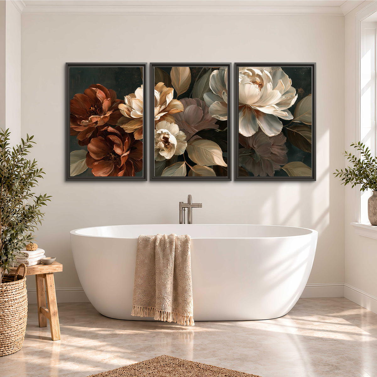Large ivory roses and warm rust blooms against a deep shadowed background 3 piece framed canvas wall art styled in an interior