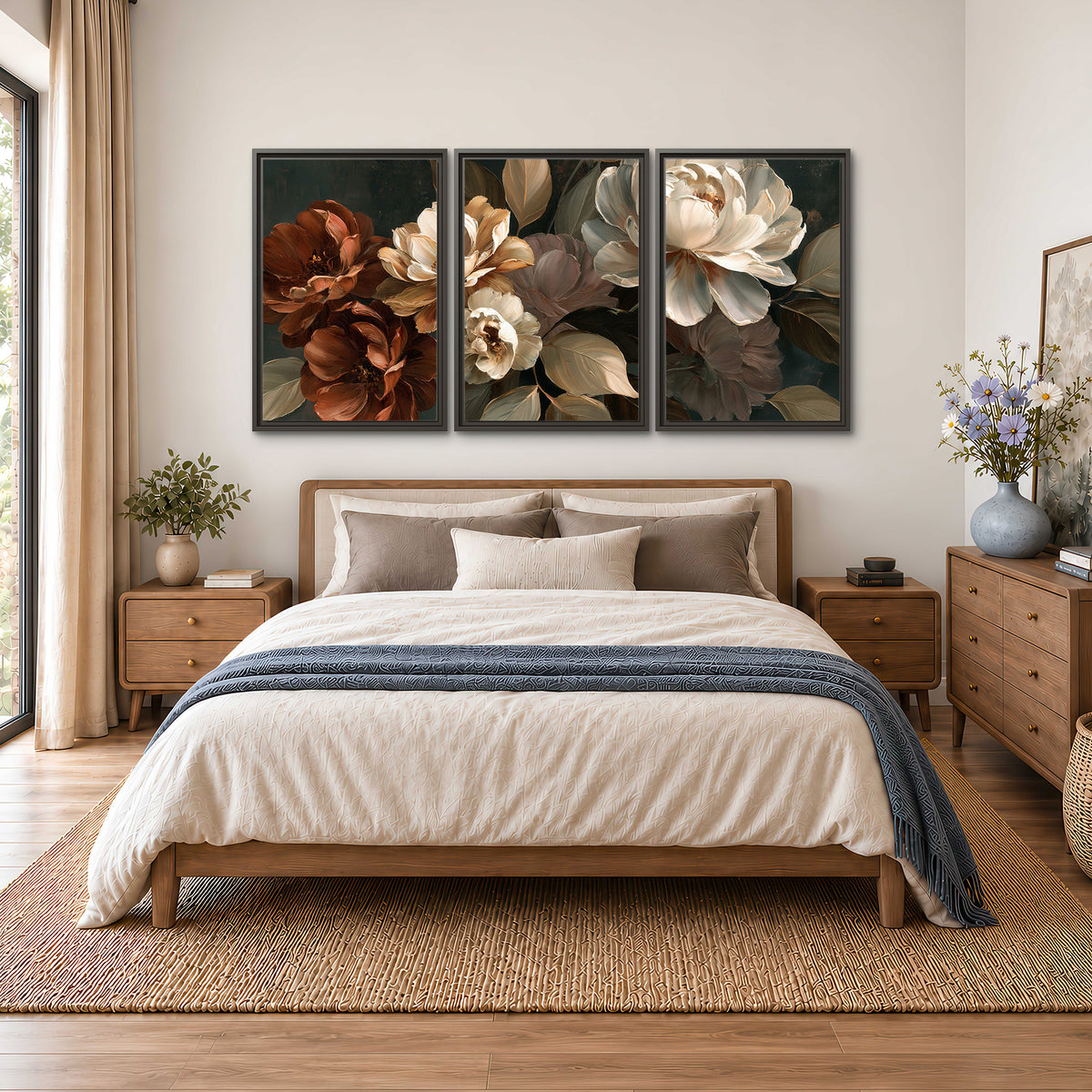 Large ivory roses and warm rust blooms against a deep shadowed background 3 piece framed canvas wall art styled in an interior