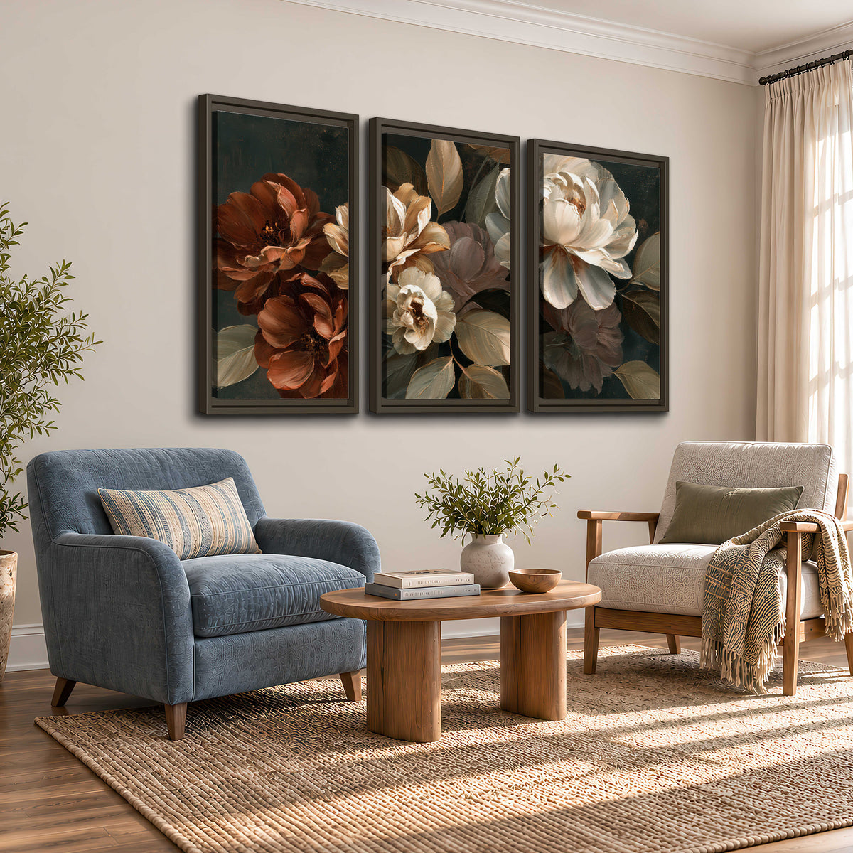 Large ivory roses and warm rust blooms against a deep shadowed background 3 piece framed canvas wall art styled in an interior