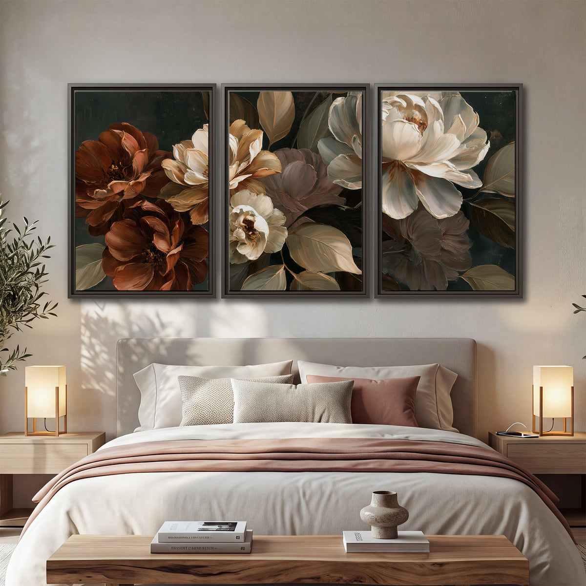 Large ivory roses and warm rust blooms against a deep shadowed background 3 piece framed canvas wall art displayed in a bedroom