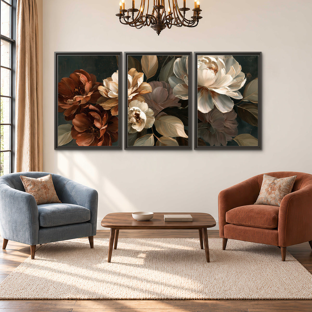 Large ivory roses and warm rust blooms against a deep shadowed background 3 piece framed canvas wall art styled in an interior