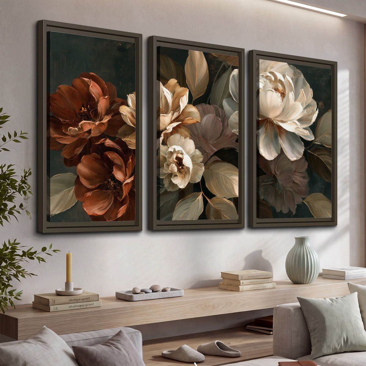Large ivory roses and warm rust blooms against a deep shadowed background 3 piece framed canvas wall art displayed in a console
