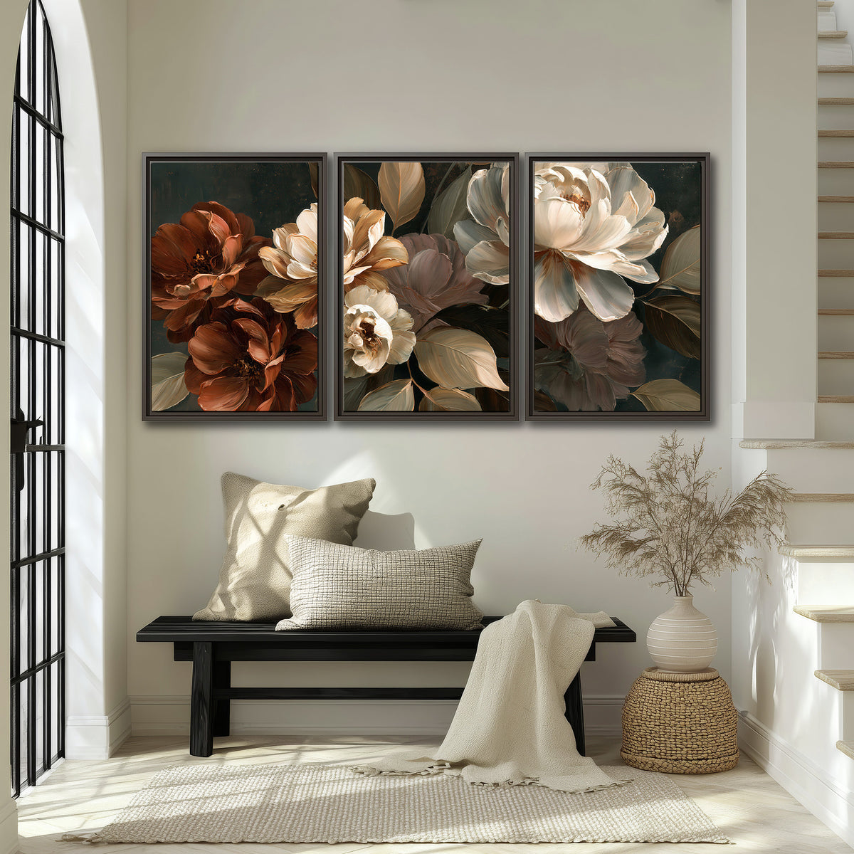 Large ivory roses and warm rust blooms against a deep shadowed background 3 piece framed canvas wall art displayed in a entryway