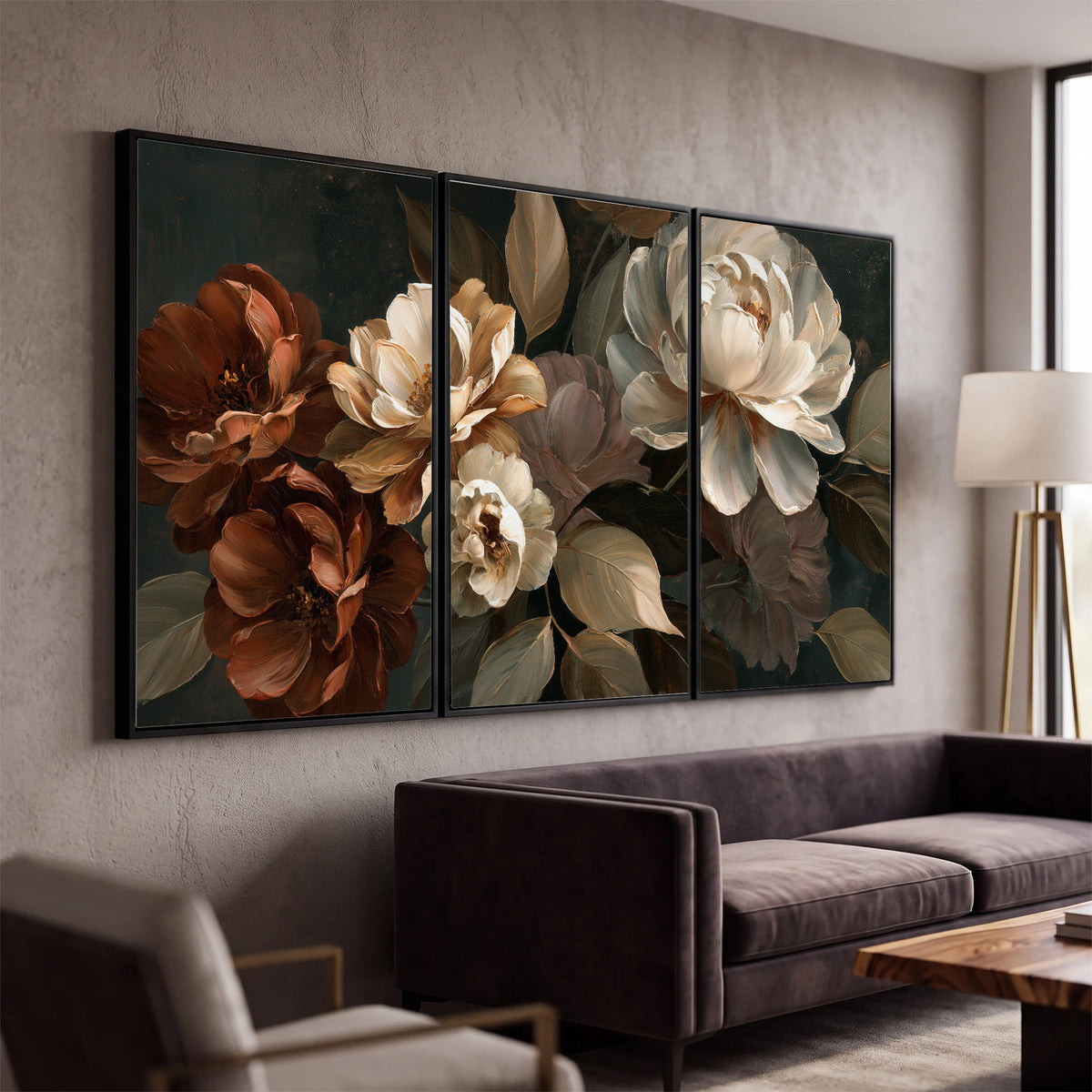 Large ivory roses and warm rust blooms against a deep shadowed background 3 piece framed canvas wall art displayed in a modern living room