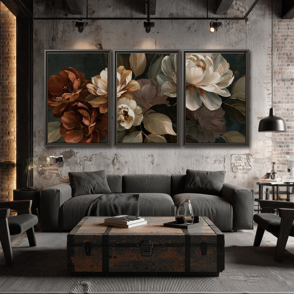 Large ivory roses and warm rust blooms against a deep shadowed background 3 piece framed canvas wall art displayed in a industrial room