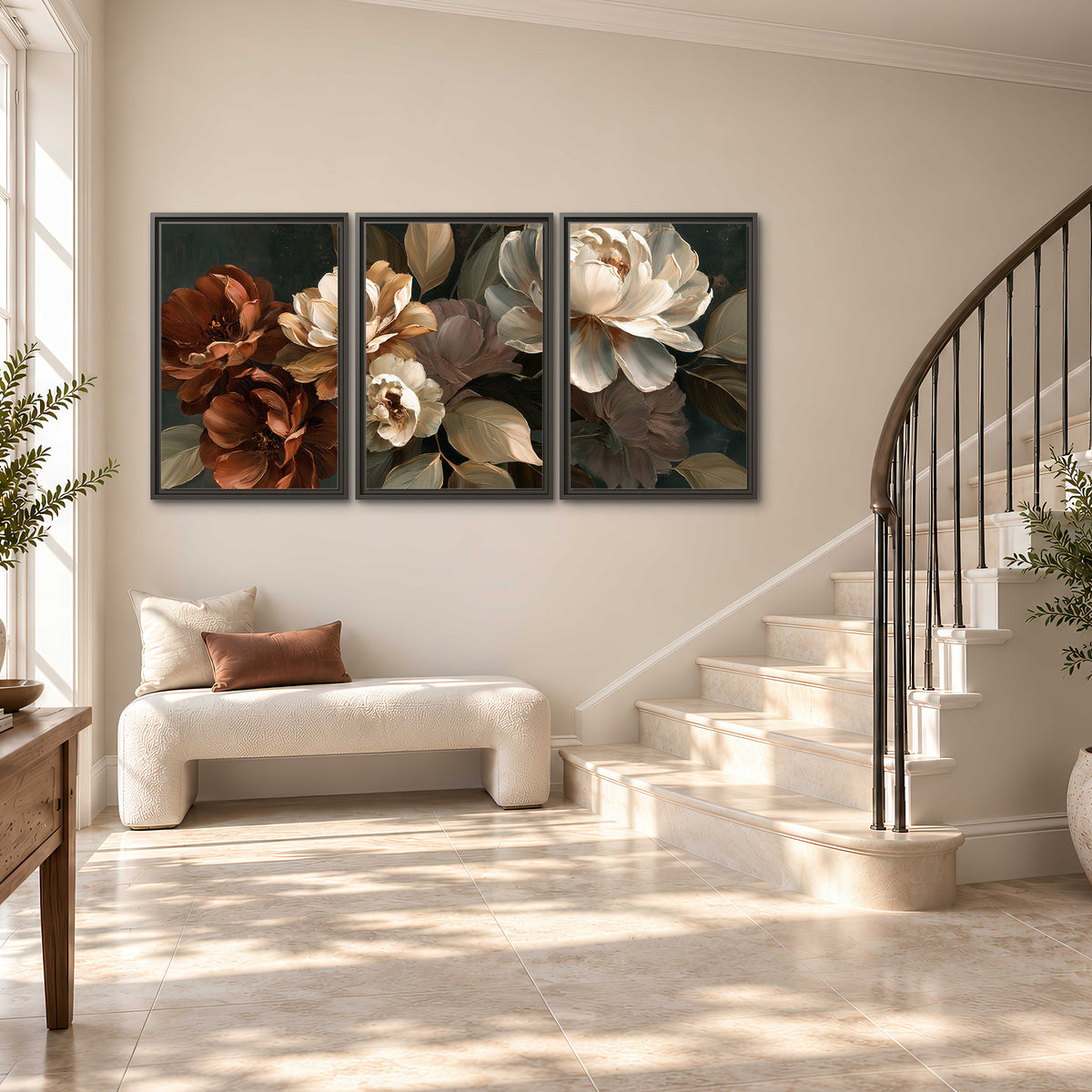Large ivory roses and warm rust blooms against a deep shadowed background 3 piece framed canvas wall art styled in an interior