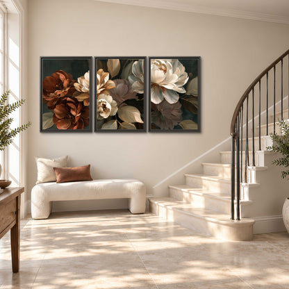 Large ivory roses and warm rust blooms against a deep shadowed background 3 piece framed canvas wall art styled in an interior