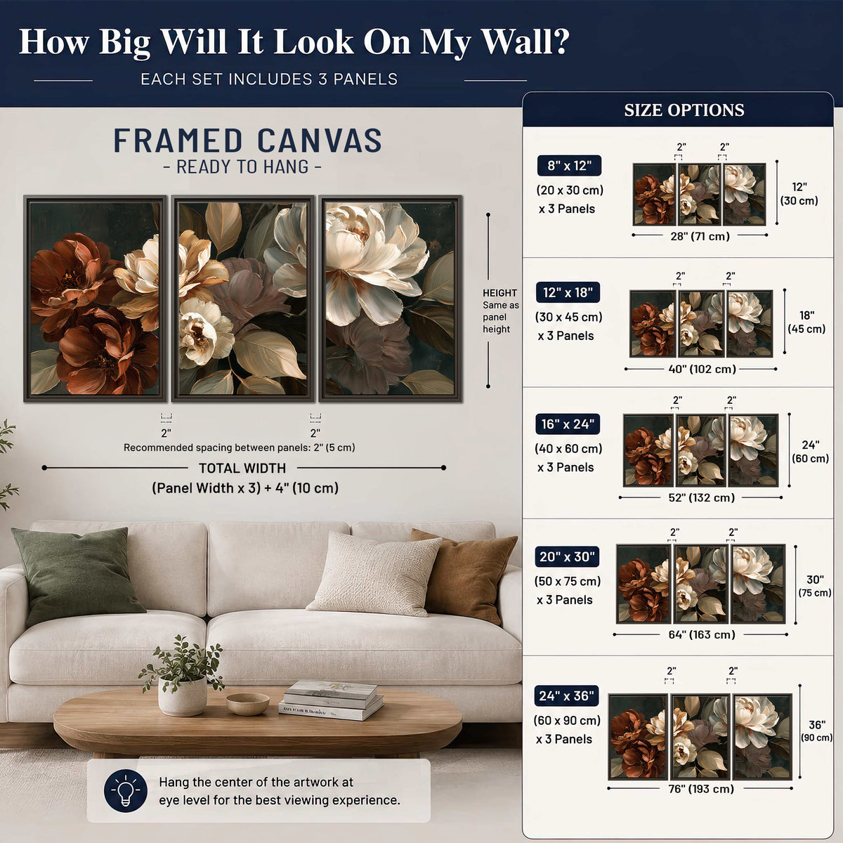 Large ivory roses and warm rust blooms against a deep shadowed background 3 piece framed canvas wall art size guide above a sofa; room view is illustrative