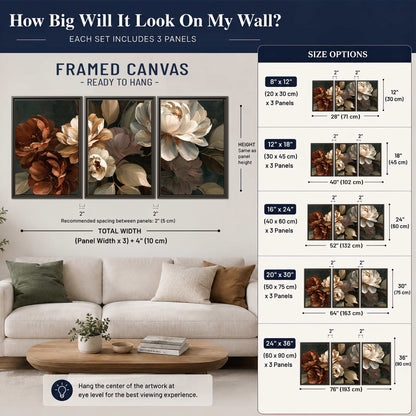Large ivory roses and warm rust blooms against a deep shadowed background 3 piece framed canvas wall art size guide above a sofa; room view is illustrative