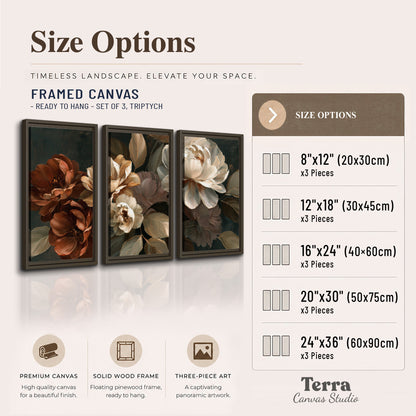 Large ivory roses and warm rust blooms against a deep shadowed background 3 piece framed canvas wall art available dimensions; triptych dimensions are per panel