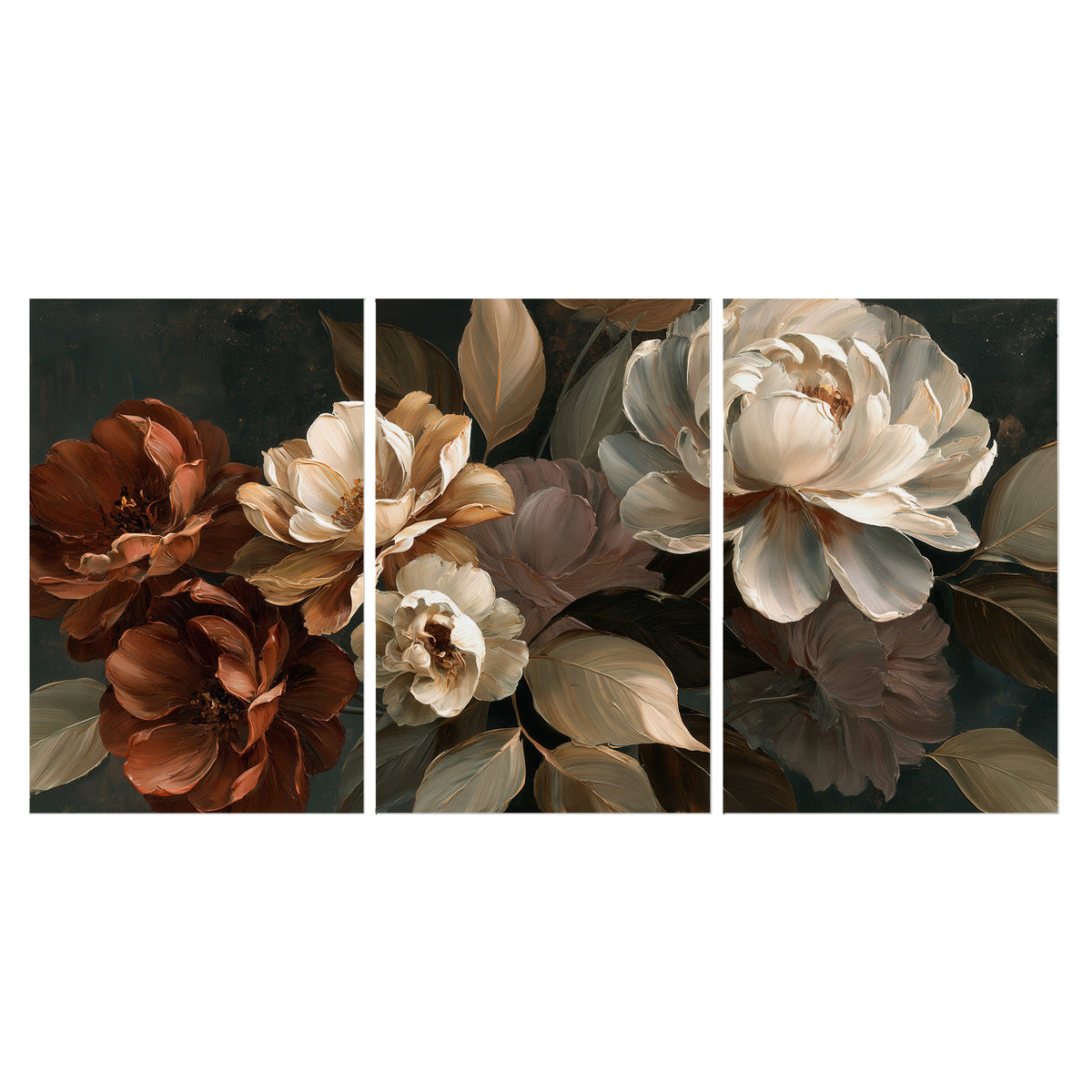Large ivory roses and warm rust blooms against a deep shadowed background set of 3 poster prints viewed straight on
