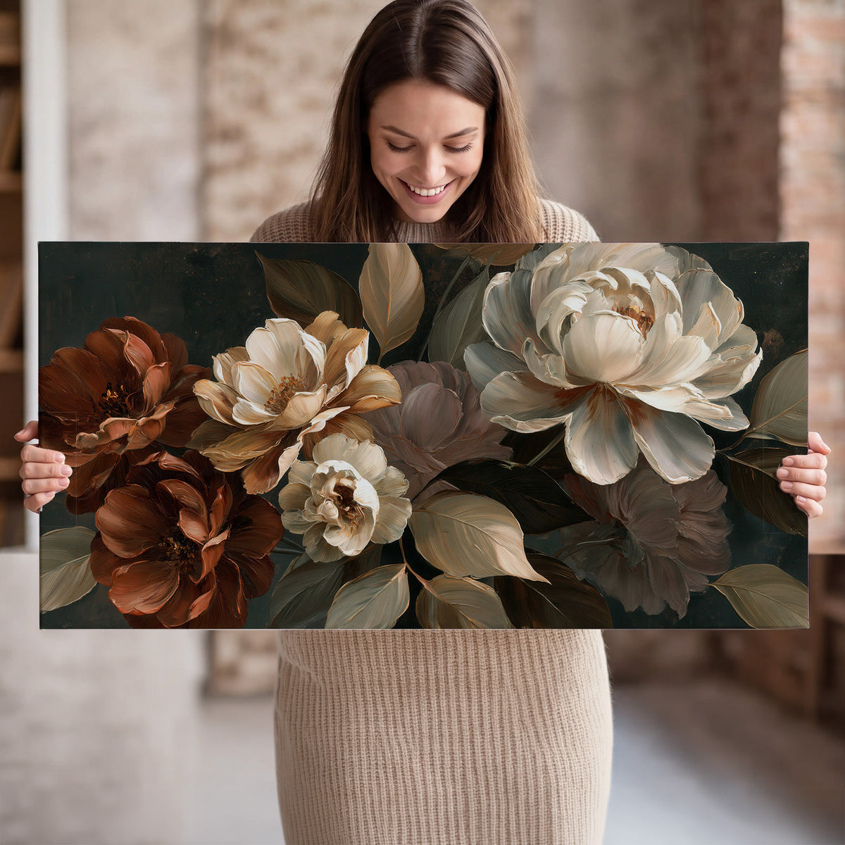 Large ivory roses and warm rust blooms against a deep shadowed background single canvas wall art held in hands