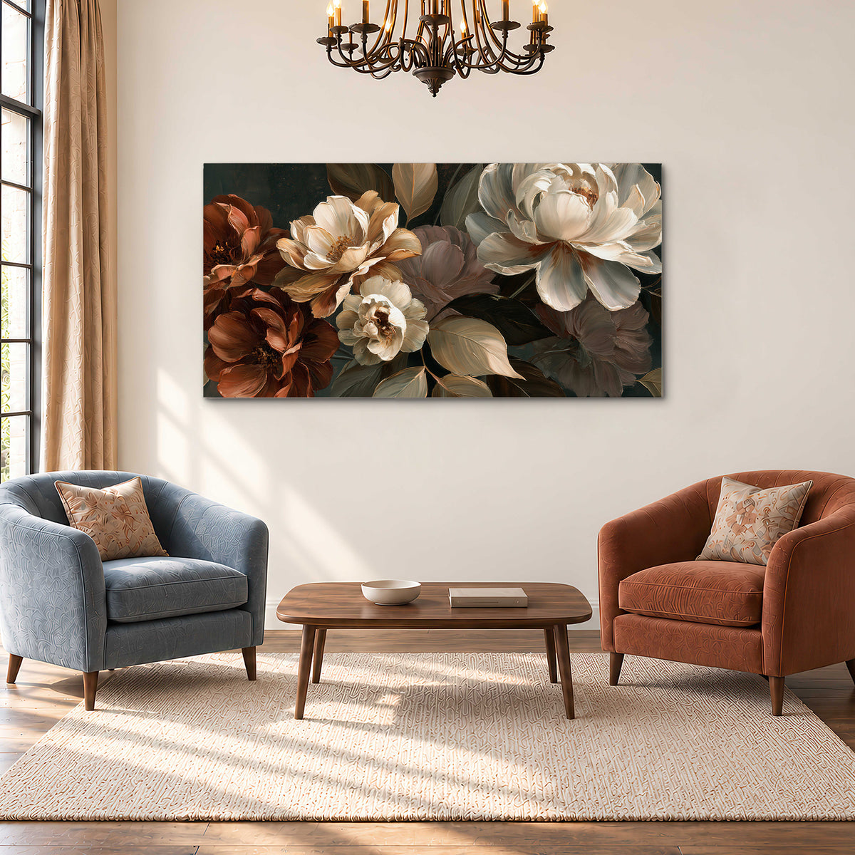 Large ivory roses and warm rust blooms against a deep shadowed background single canvas wall art styled in an interior