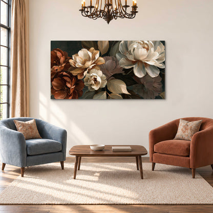 Large ivory roses and warm rust blooms against a deep shadowed background single canvas wall art styled in an interior