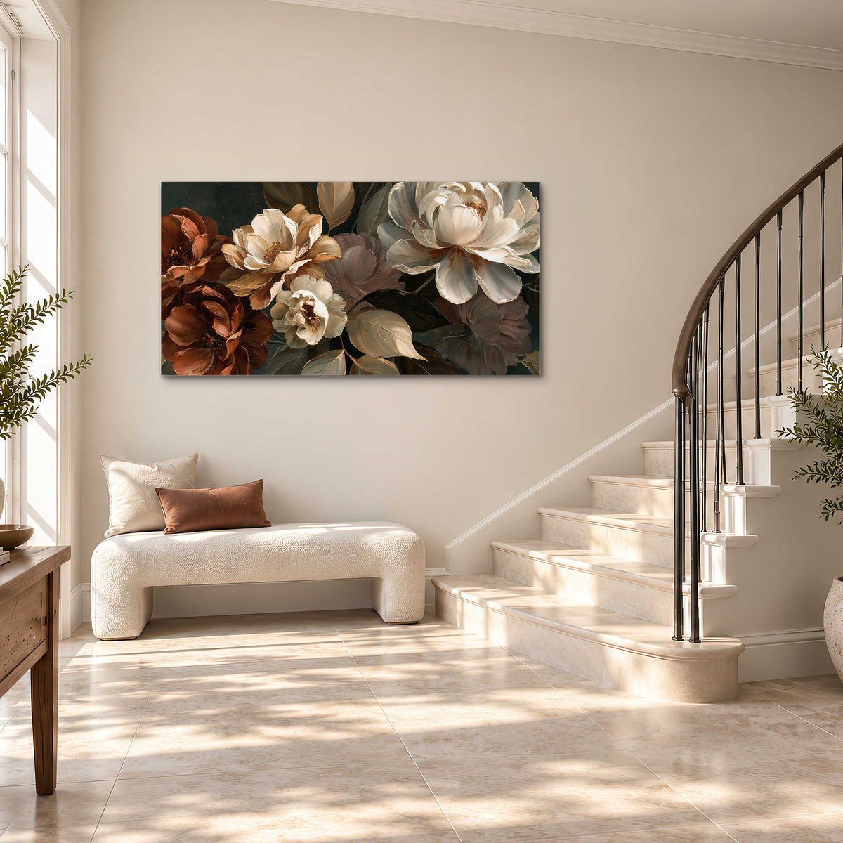 Large ivory roses and warm rust blooms against a deep shadowed background single canvas wall art styled in an interior