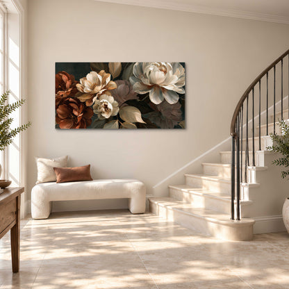 Large ivory roses and warm rust blooms against a deep shadowed background single canvas wall art styled in an interior