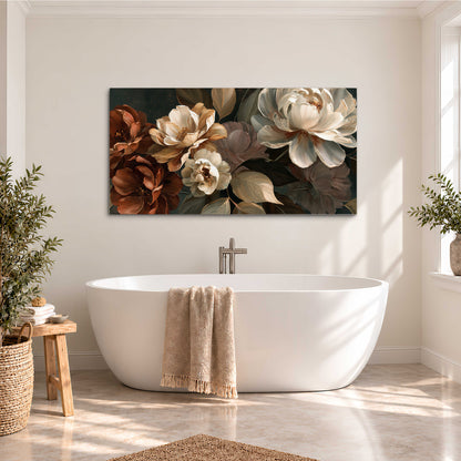 Large ivory roses and warm rust blooms against a deep shadowed background single canvas wall art styled in an interior