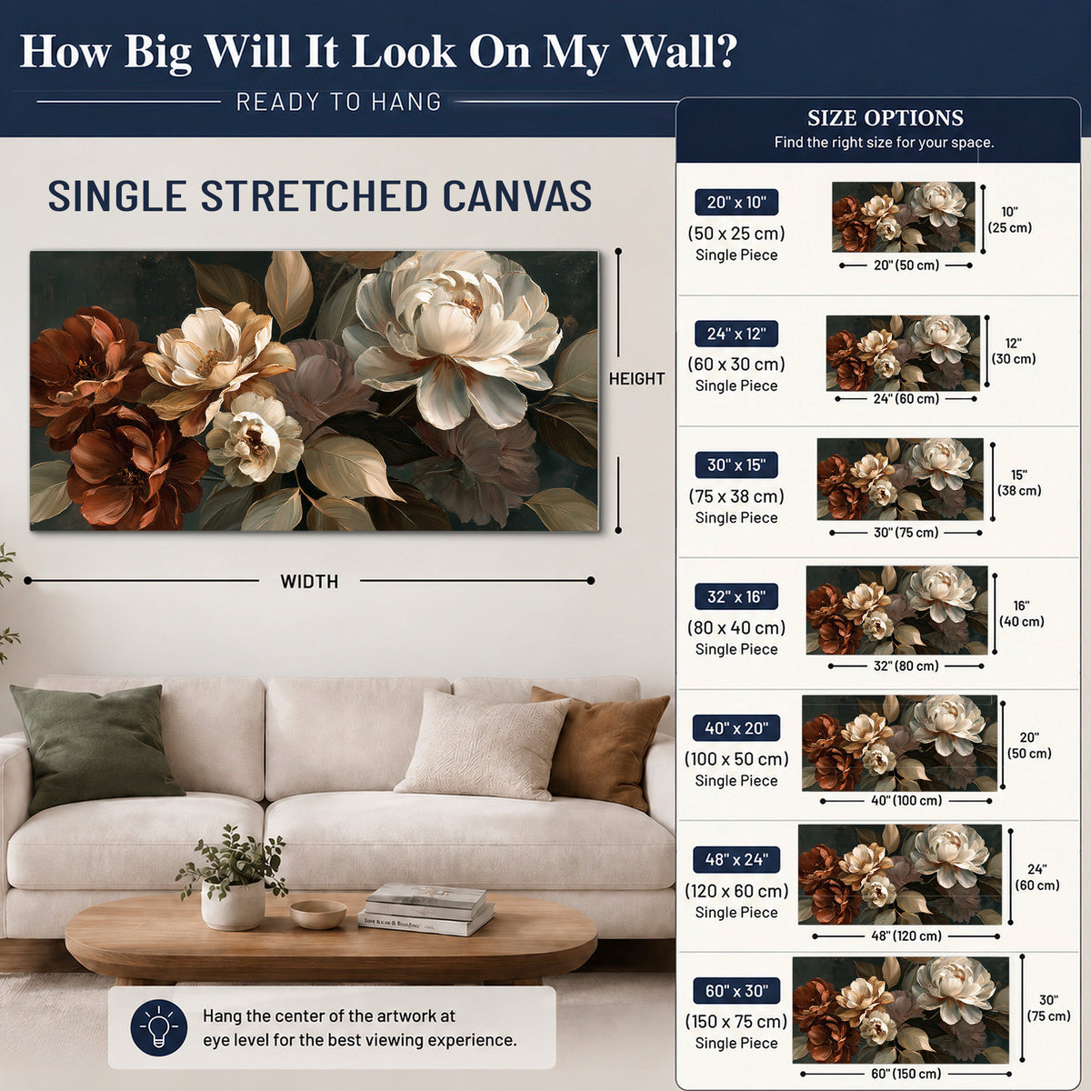 Large ivory roses and warm rust blooms against a deep shadowed background single canvas wall art size guide above a sofa; room view is illustrative