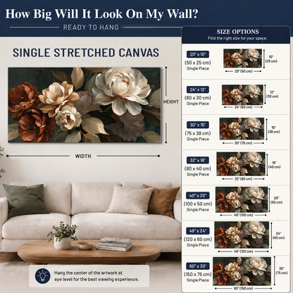 Large ivory roses and warm rust blooms against a deep shadowed background single canvas wall art size guide above a sofa; room view is illustrative